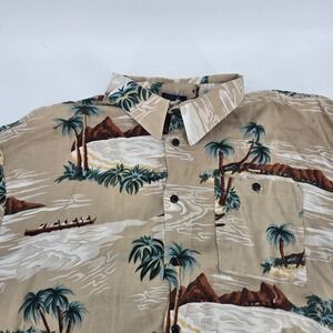 818 NUC A Hawaiian Tradition Vtg Scenic Rayon Shirt XL Tan Palms Canoe